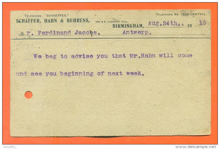 Birmigham - Schaffer , Hahn Et Behrens "  Envoyée De Birmingham à Antwerp  " - Birmingham