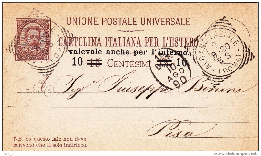 Postkarte 1890 Filagrano C 20 "ABANO LAZIALE / ROMA" Nach Pisa (r068) - Ganzsachen