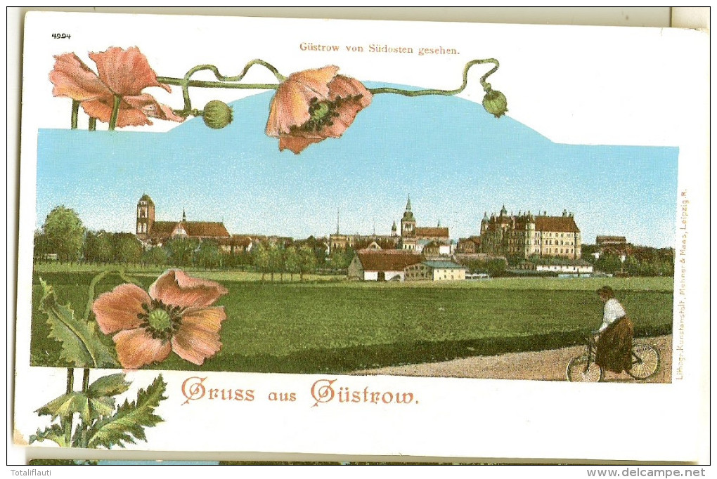 Gruss Aus GÜSTROW Gesamtansicht Jugendstil Mohnblumen Radfahrer In Um 1905 Ungelaufen Ungeteilte Rückseite - Guestrow