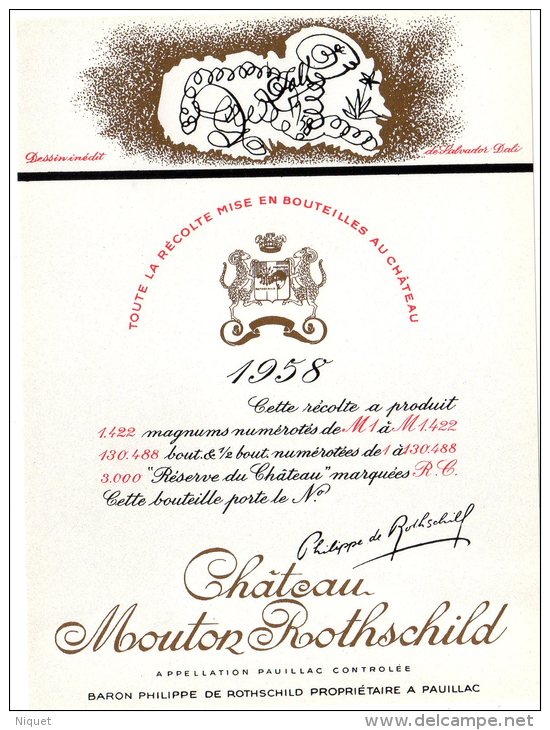 Etiquette Vin Mouton Rothschild, 1958, Dessin Inédit De Salvador Dali, 75 Cl - Red Wines