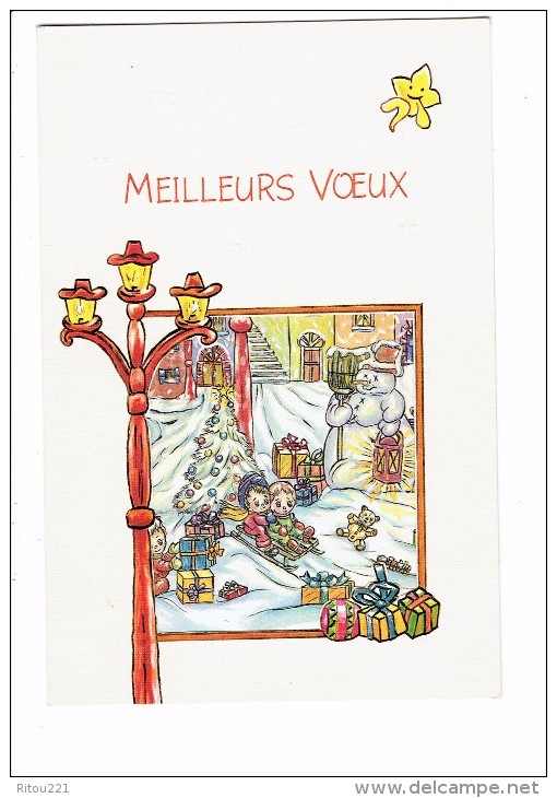 Meilleurs Voeux - Illustration CARATI Enfants Luge Ours En Peluche Bonhomme De Neige Réverbère JOUET TRAIN - Autres & Non Classés