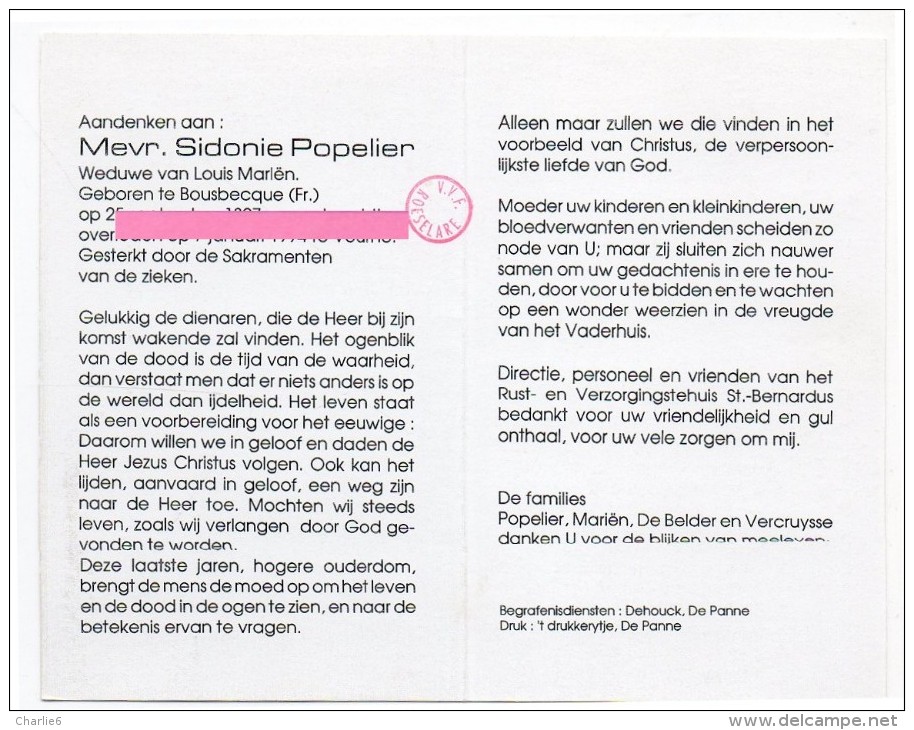 Popelier Sidonie Marien De Belder Vercruysse Bousbecque  Bidprentje Doodsprentje - Religione & Esoterismo