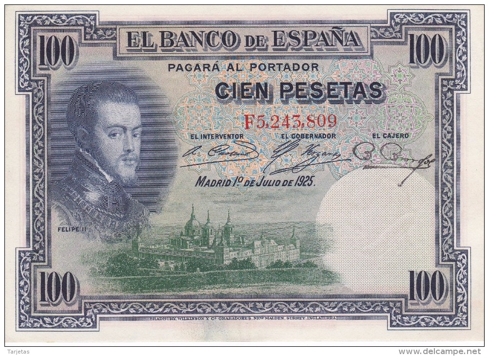 BILLETE DE ESPAÑA DE 100 PTAS DEL AÑO 1925 SERIE F  CALIDAD EBC (XF) - 100 Pesetas