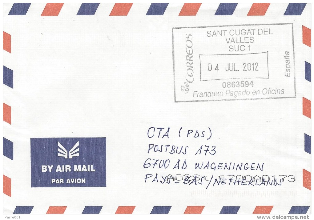 Spain 2012 Sant Cugat Del Valles Unfranked Postage Paid Cover - Brieven En Documenten