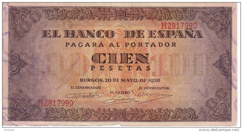 BILLETE DE ESPAÑA DE 100 PTAS 20/05/1938 SERIE H  EN CALIDAD BC (BANK NOTE) (falta Trocito Papel Parte Inferior) - 100 Pesetas