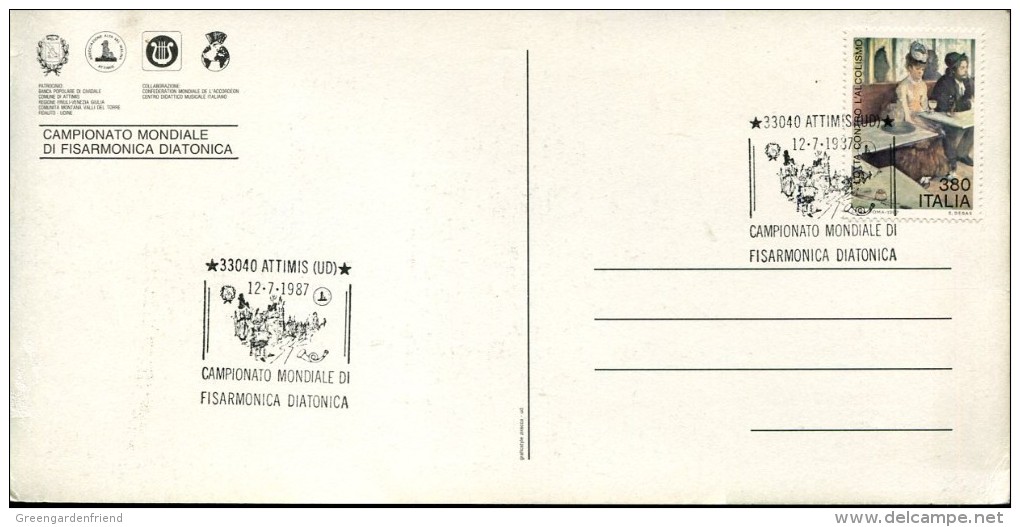 2238 Italia, Special Card And Postmark 1987  Attimis Udine World Champ. Of Diatonic Accordeon, Fisarmonica Diatonica - Musique