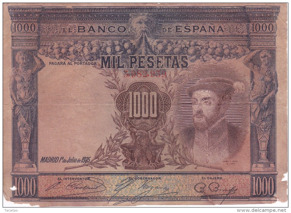 BILLETE DE ESPAÑA DE 1000 PTAS DEL AÑO 1925 DE CARLOS I EN RC - DESCUIDADO (BANKNOTE) - 1000 Peseten