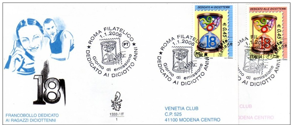 FDC  VENETIA  CLUB  1333/IT   DICIOTTENNI 2004 SU DUE  BUSTE VIAGGIATE - FDC