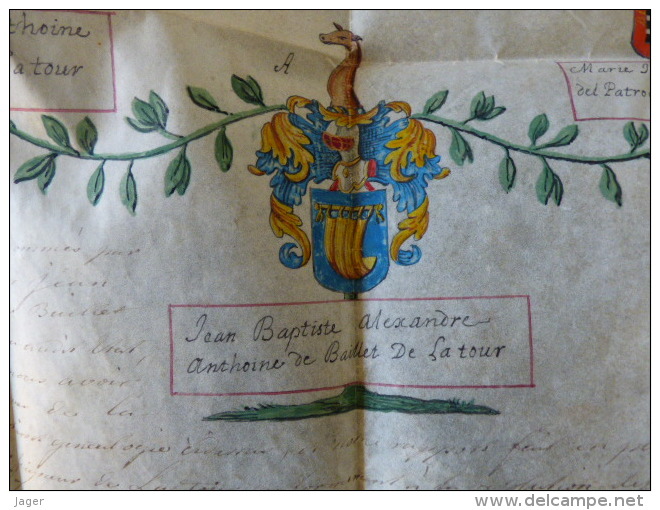 Rare Manuscrit Sur Parchemin  Aquarellée Arbre Généalogique Blason  XVIII Eme - Manuscrits