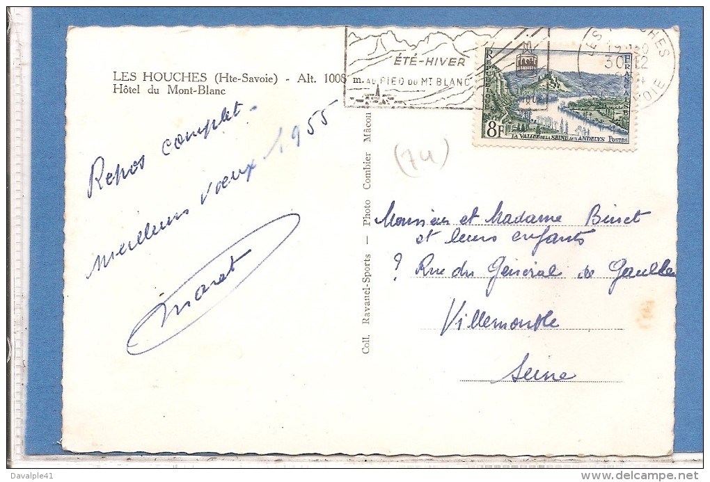 74   LES HOUCHES   HOTEL DU MONT BLANC  BON ETAT  1954  TIMBREE ECRITE 2 SCANS - Les Houches