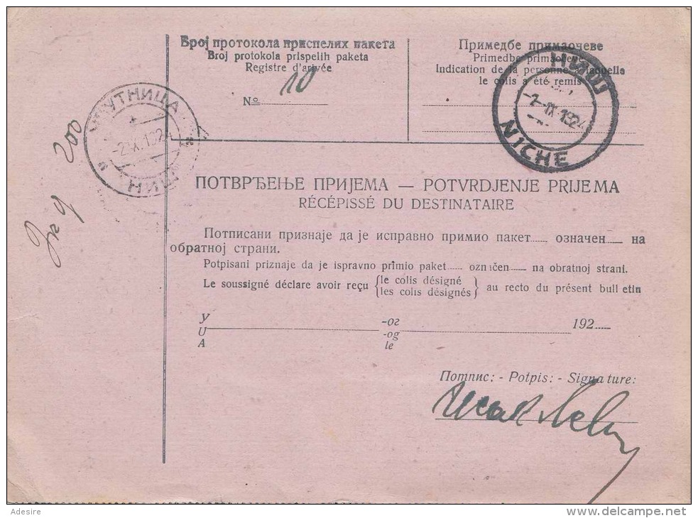 JUGOSLAWIEN 1924 - 4 Fach Frankierte Paketkarte Gel.Beograd - Niche - Briefe U. Dokumente