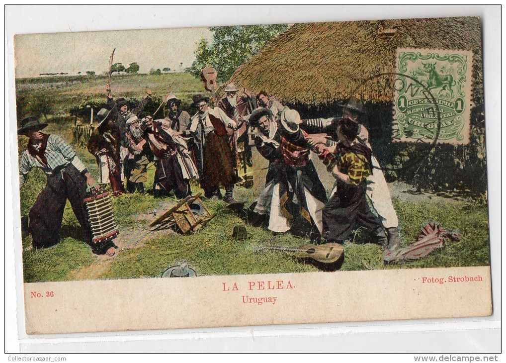 Uruguay Tarjeta Postal Ed. Strobach Ruralia Gaucho Ethnic N&ordm;36 Fight Acordion  Original Ca1900 Postcard Cpa Ak (W4_ - Uruguay