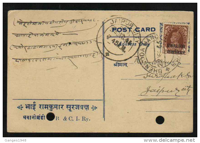 Gwalior  1946  KG VI   1/2A  Rate  Private Post Card To Jaipur # 88231  Inde Indien  India - Gwalior