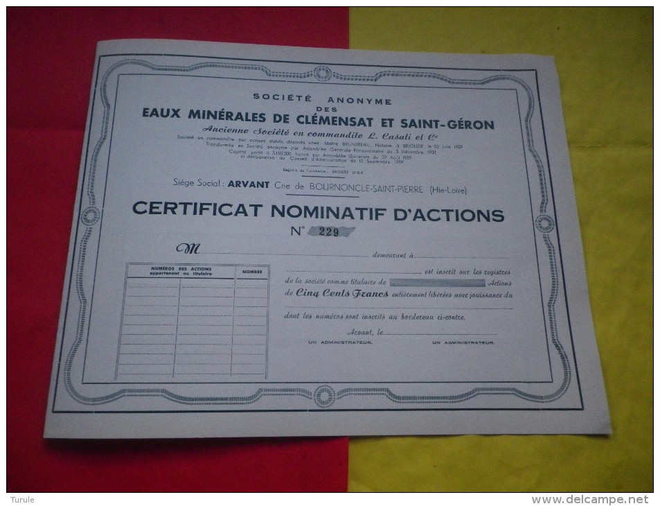 EAUX MINERALES DE CLEMENSAT ET SAINT GERON (certificat) Bournoncle Saint Pierre,haute Loire - Autres & Non Classés