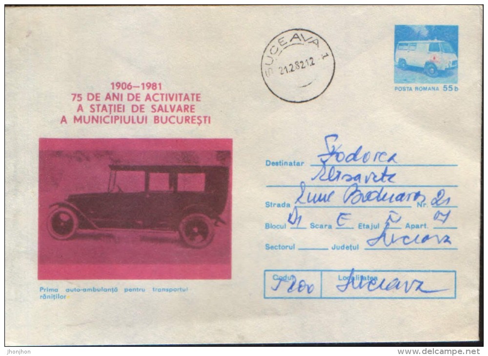 Romania -stationery Cover 1981 - First Aid - 75 Years Of Activity Of Rescue Station Bucharest - First Car - Ambulance - Secourisme