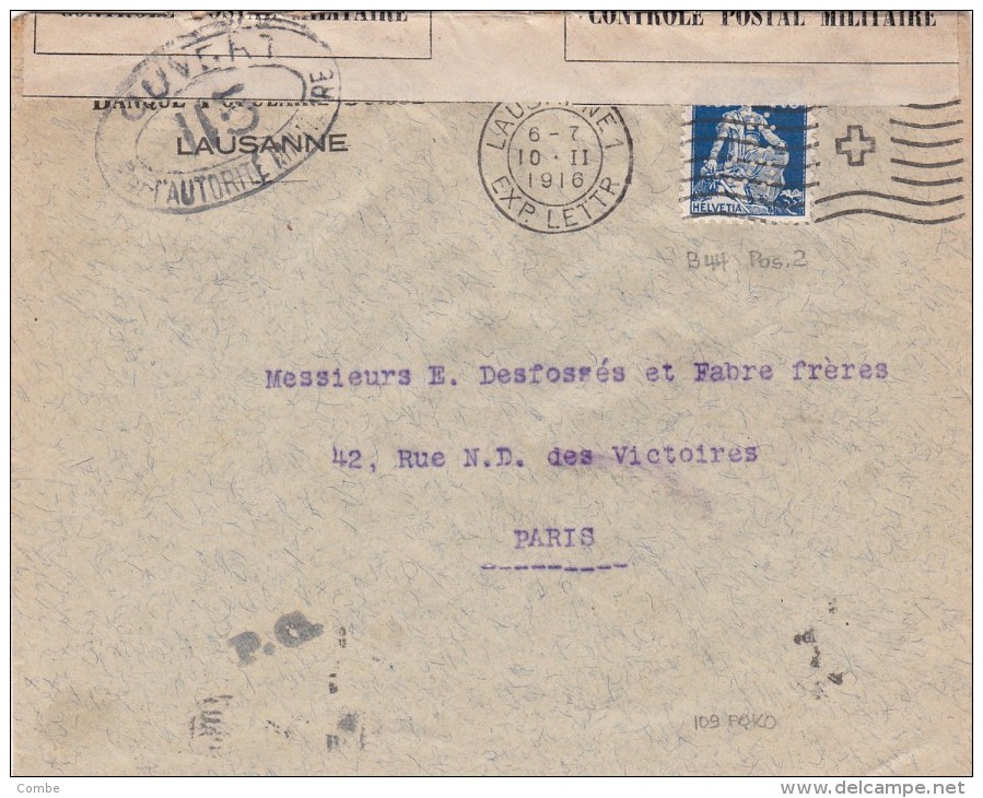 1916 LETTRE SUISSE BANQUE LAUSANNE + PERFORÉ. LAUSANNE POUR PARIS  / 567 - Gezähnt (perforiert)