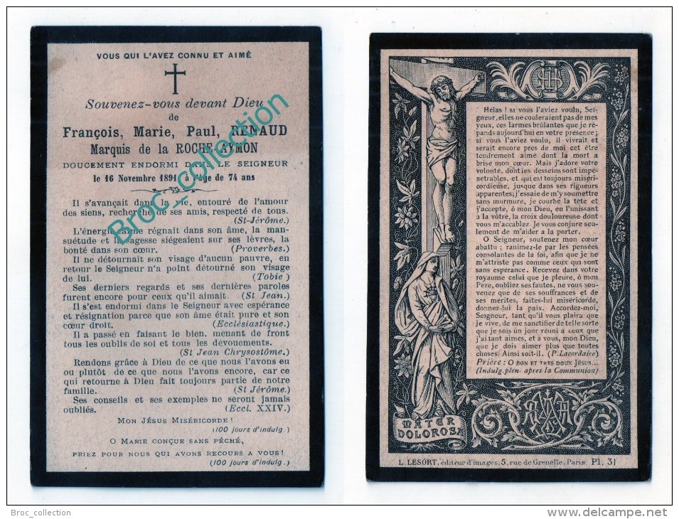 Paris, Mainsat, Mémento Renaud, Marquis De La Roche-Aymon, 16/11/1891, Député, Conseiller Général... - Images Religieuses