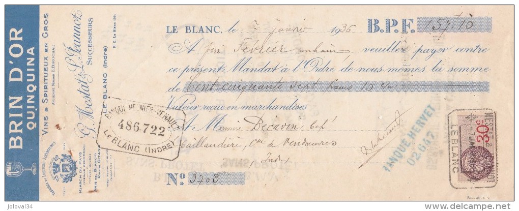 Lettre Change 7/1/1936 MESTAL JEANNOT Quinquina Brin D'Or Vins Kirsch LE BLANC Indre Pour La Caillaudière Vendoeuvres - Lettres De Change