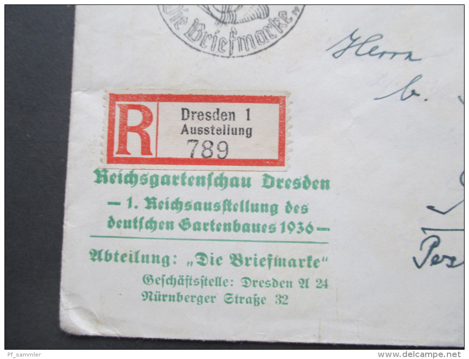 DR Einschreiben / Freistempel 1936 Dresden Ausstellung "Die Briefmarke" Reichsgartenschau Dresden. - Briefe U. Dokumente