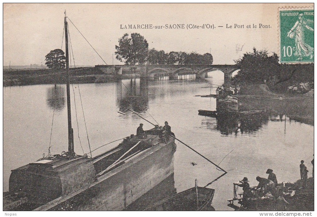 LAMARCHE SUR SAONE - LE PORT ET LE PONT - BELLE CARTE ANUIMEE - BATEAUX - LAVANDIERES AU TRAVAIL - 2 SCANNS -  TOP !!! - Autres & Non Classés