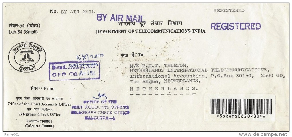 India 2000 Calcutta Department Of Communications Barcoded Registered Service Cover - Dienstmarken
