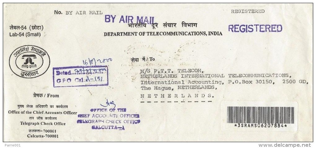 India 2000 Calcutta Department Of Communications Barcoded Registered Service Cover - Dienstzegels