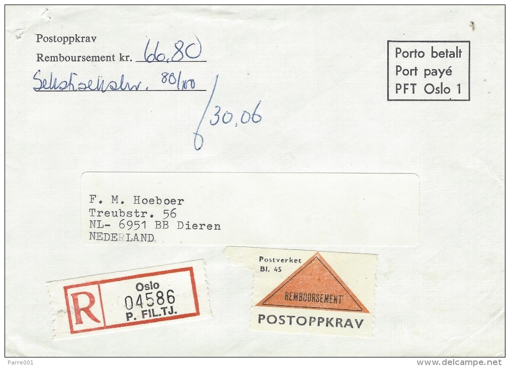 Norway 1989 Rembourse Unfranked Registered Postal Official Cover - Briefe U. Dokumente