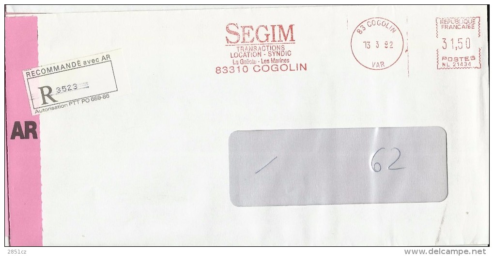Letter - Cogolin, 13.3.1992., France, Registrated Letter - Sonstige & Ohne Zuordnung