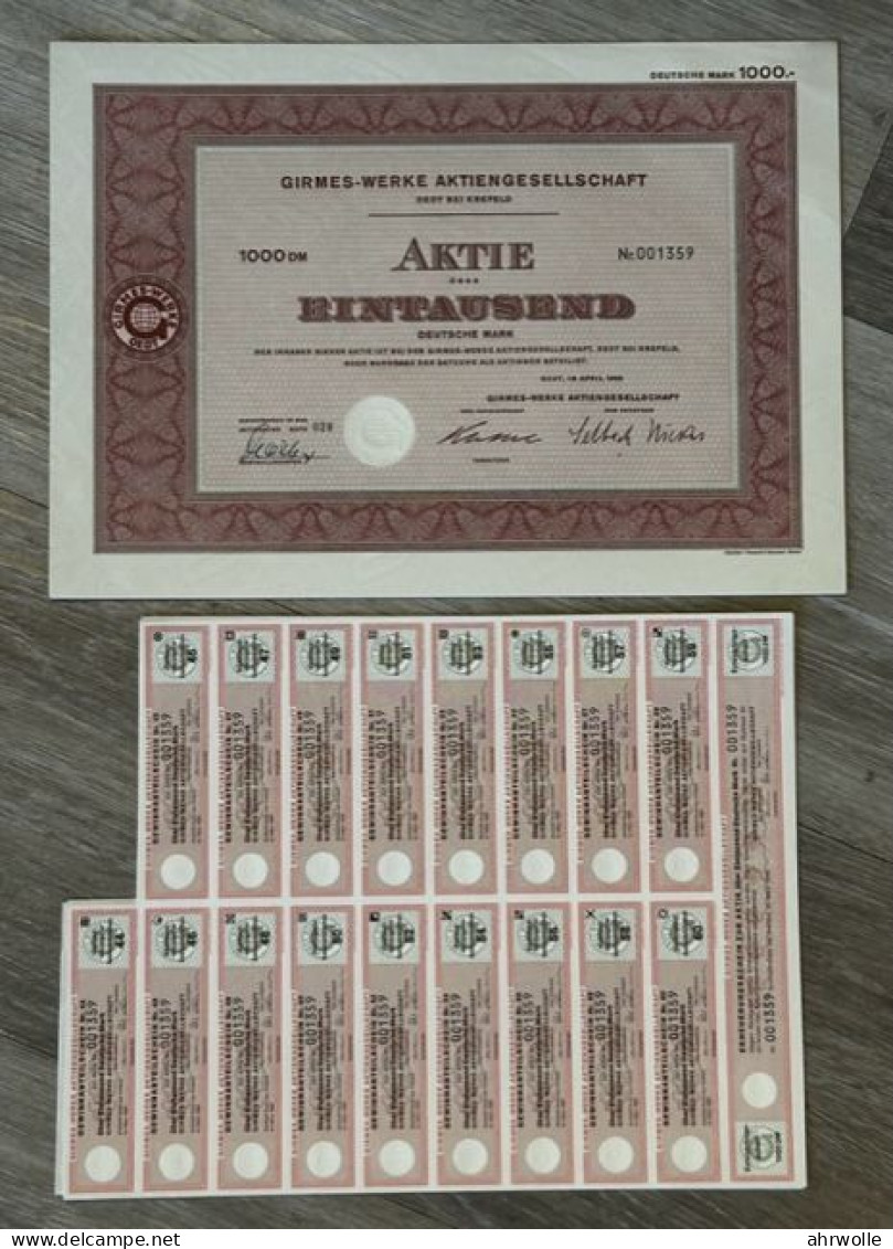 Aktien 5 Stück A 1000 DM Girmes Werke AG Oedt Krefeld 1960 Mantel Und Bogen - Textile