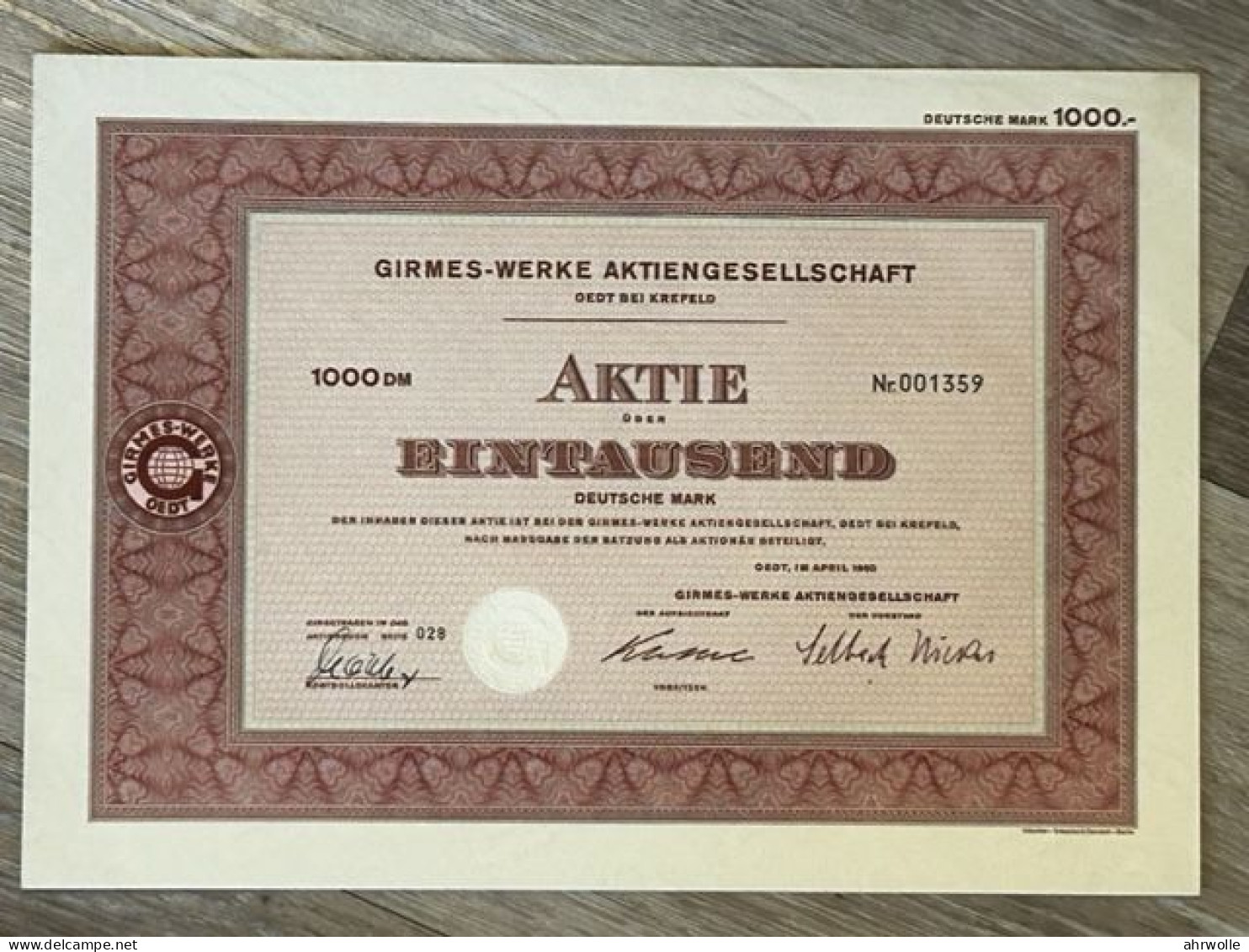 Aktien 5 Stück A 1000 DM Girmes Werke AG Oedt Krefeld 1960 Mantel Und Bogen - Textile