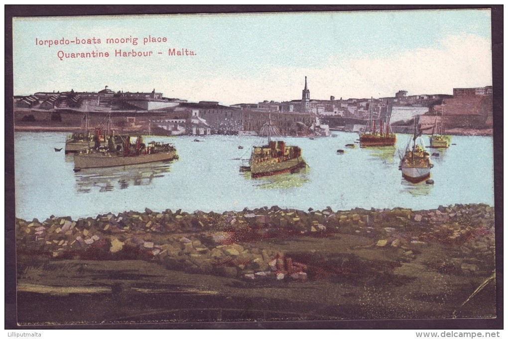 Old Malta Undivided Back Postcard 1900s Torpedo-boats Mooring Place Quarantine Harbour - Malta