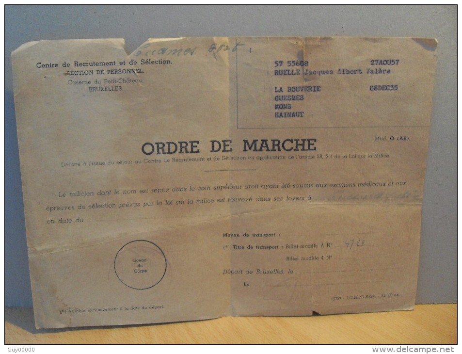 Ordre De Marche 1957 Petit Château Cuesmes Mons La Bouverie - Autres & Non Classés