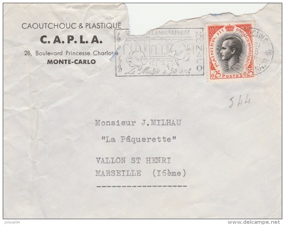 MONACO Yvert 544 Seul Sur Lettre Entête CAPLA Caoutchouc Plastique Flamme  Musée Océanographique Monte Carlo - Cartas & Documentos