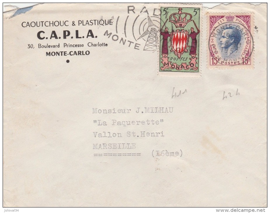 MONACO Yvert  411 + 424 Sur Lettre Entête CAPLA Caoutchouc Plastique Flamme Radio Monte Carlo 1957 - Lettres & Documents