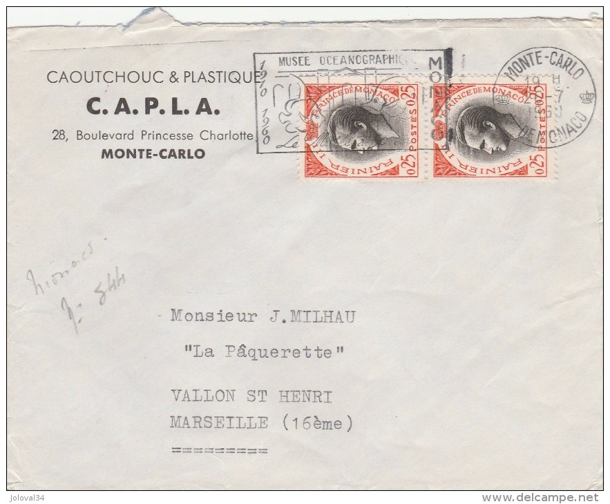 MONACO Yvert  544 X 2 Sur Lettre Entête CAPLA Caoutchouc Plastique Flamme Musée Océanographique Monte Carlo 1960 - Cartas & Documentos