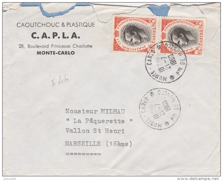 MONACO Yvert  544 X 2 Sur Lettre Entête CAPLA Caoutchouc Plastique Cachet Monte Carlo 1960 - Cartas & Documentos