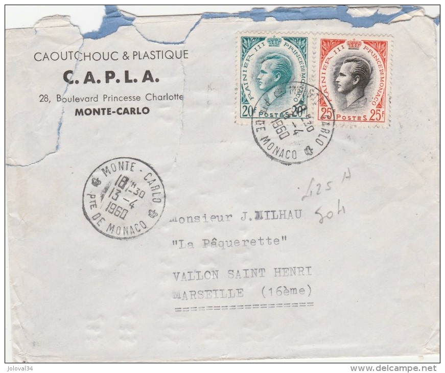 MONACO Yvert  425A + 504 Sur Lettre Entête CAPLA Caoutchouc Plastique Cachet Monte Carlo 1960 - Lettres & Documents