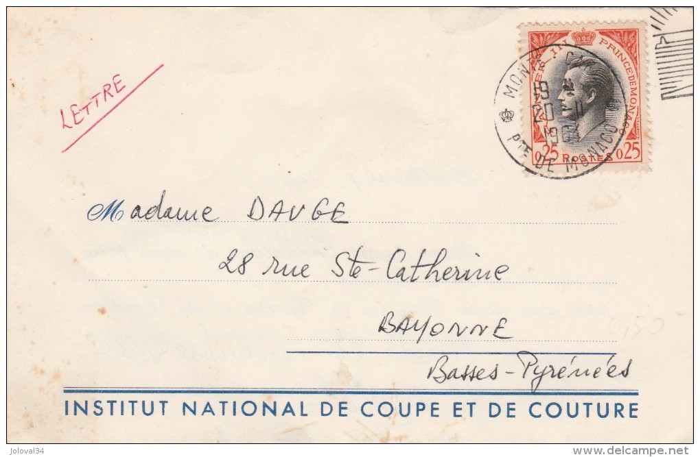 MONACO Yvert  544 Seul Sur Lettre Entête Institut National Coupe Et Couture Cachet Monte Carlo 1964 Avec Correspondance - Briefe U. Dokumente