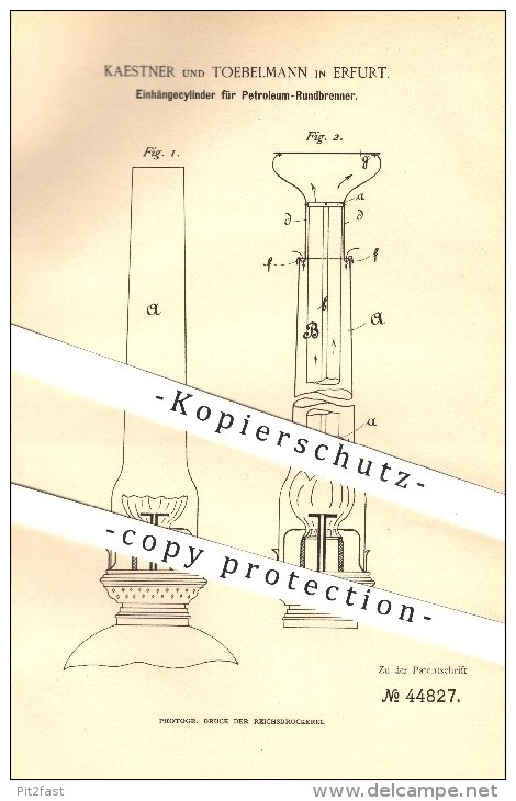 Original Patent - Kaestner Und Toebelmann In Erfurt , 1888 , Einhängezylinder Für Petroleum - Rundbrenner , Brenner ! - Historical Documents