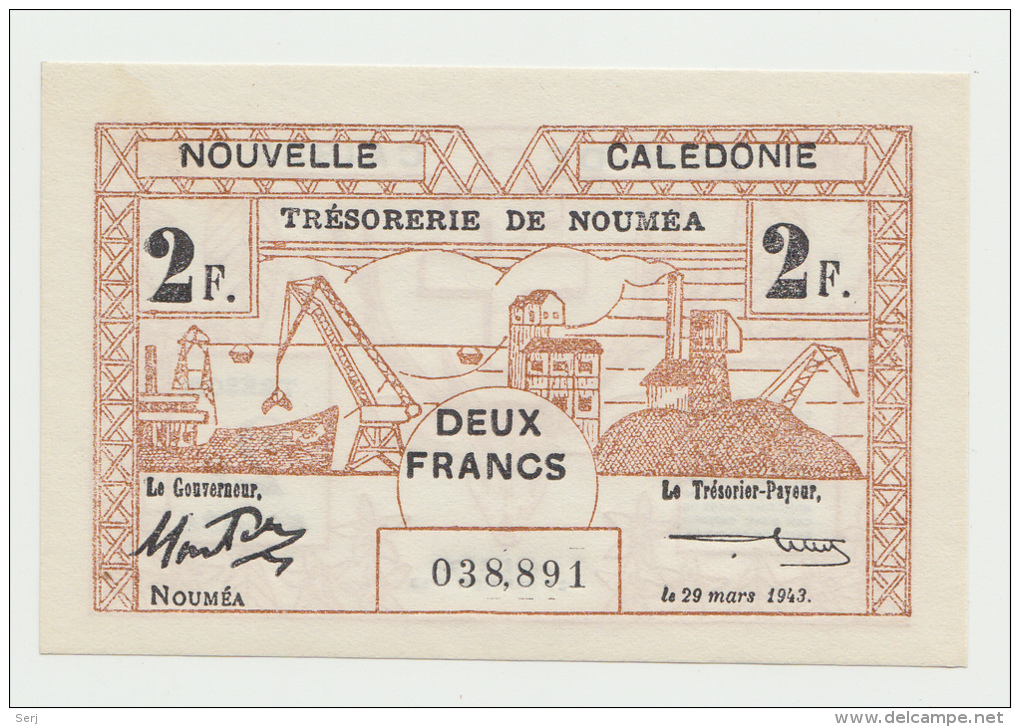 New Caledonia 2 Francs 1943 UNC NEUF Pick 56b 56 B - Nouméa (Neukaledonien 1873-1985)