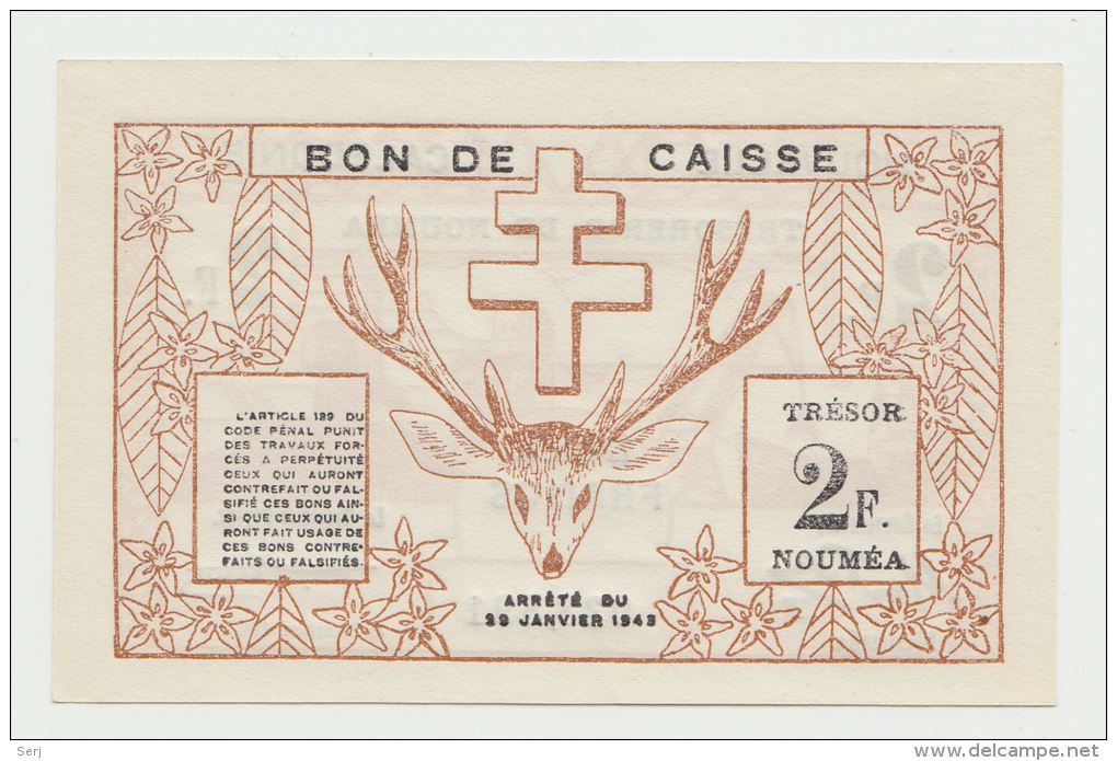 New Caledonia 2 Francs 1943 UNC NEUF Pick 56b 56 B - Numea (Nueva Caledonia 1873-1985)