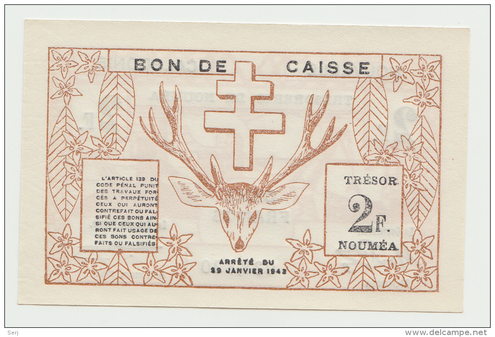 New Caledonia 2 Francs 1943 UNC NEUF Pick 56b 56 B - Nouméa (Neukaledonien 1873-1985)
