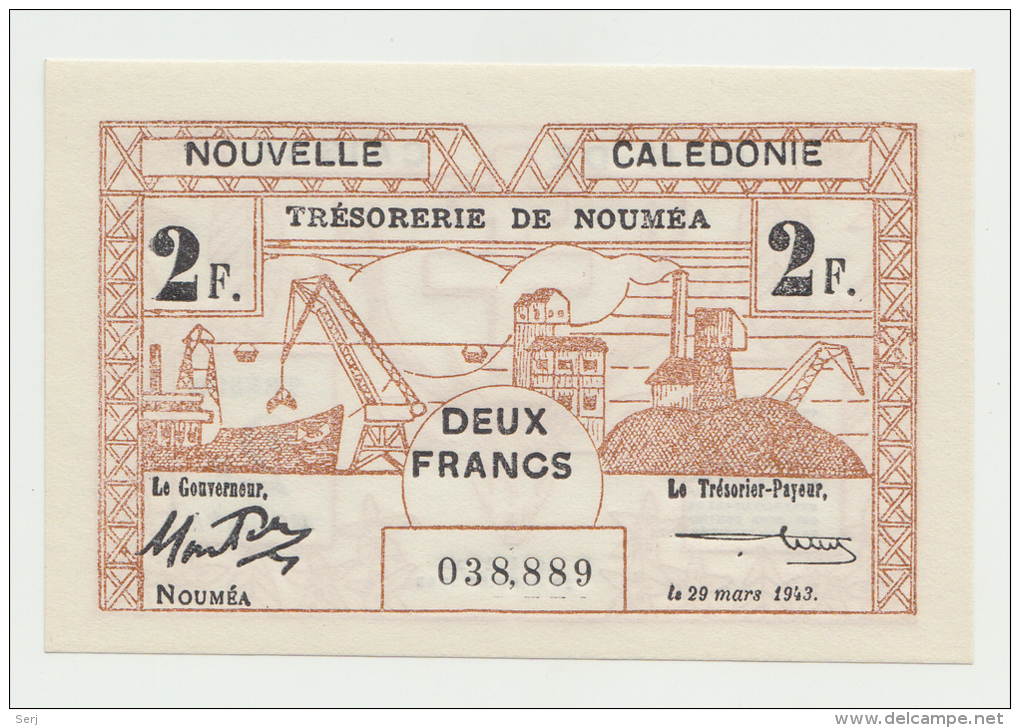 New Caledonia 2 Francs 1943 UNC NEUF Pick 56b 56 B - Nouméa (Neukaledonien 1873-1985)