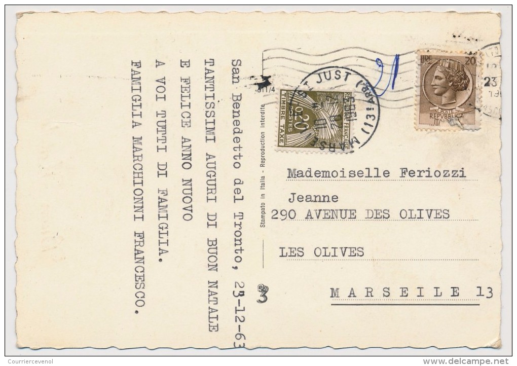 CP Depuis Italie - Taxée 0,20 Gerbes - Marseille St Just 1983 - 1960-.... Lettres & Documents