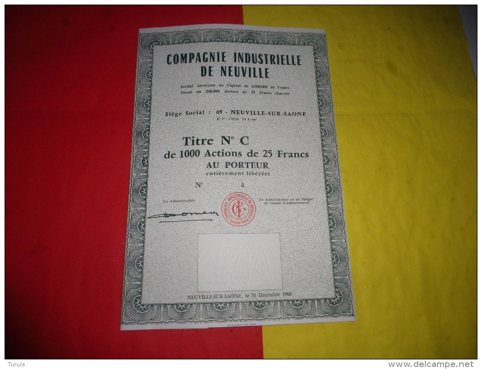 COMPAGNIE INDUSTRIELLE DE NEUVILLE (titre De 1000 Actions De 25 Francs) - Other & Unclassified