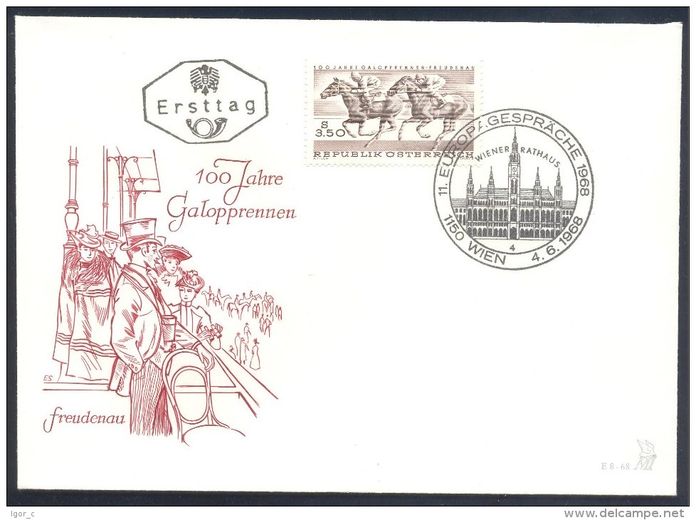 Austria Österreich FDC Cover 1968: Fauna Horses Pferd 100 Jahre  Galopprennen Feudenau; Wiener Rathaus; Architecture - Hippisme