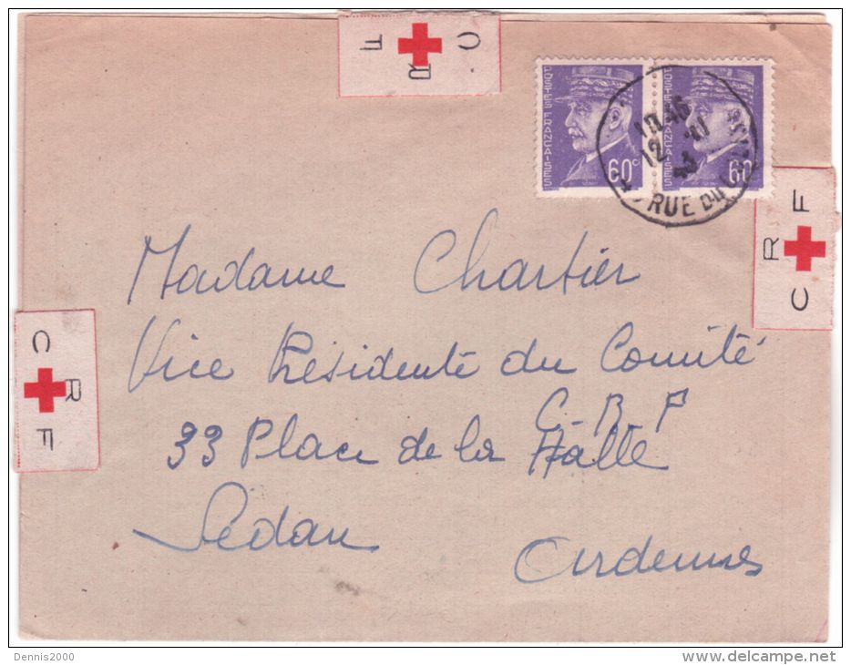 1943- Document Croix Rouge  Affr. Paire Pétain N° 509  Pour Sedan - Croix-Rouge