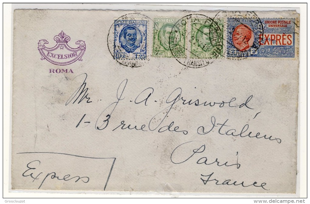 Bel Frontespizio Di Espresso Roma-Parigi 8-10-1938 Affrancata Con Sassone N. E13 L. 2 Azzurro E Rosso Cat. € 1100 - Eilsendung (Eilpost)