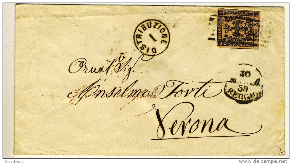 Modena. Lettera Da Reggio A Verona 20-5-1859 Con N. 4 C. 25 Camoscio Chiaro Annullato A 6 Barre + Bollo A Campana Cat. & - Modène