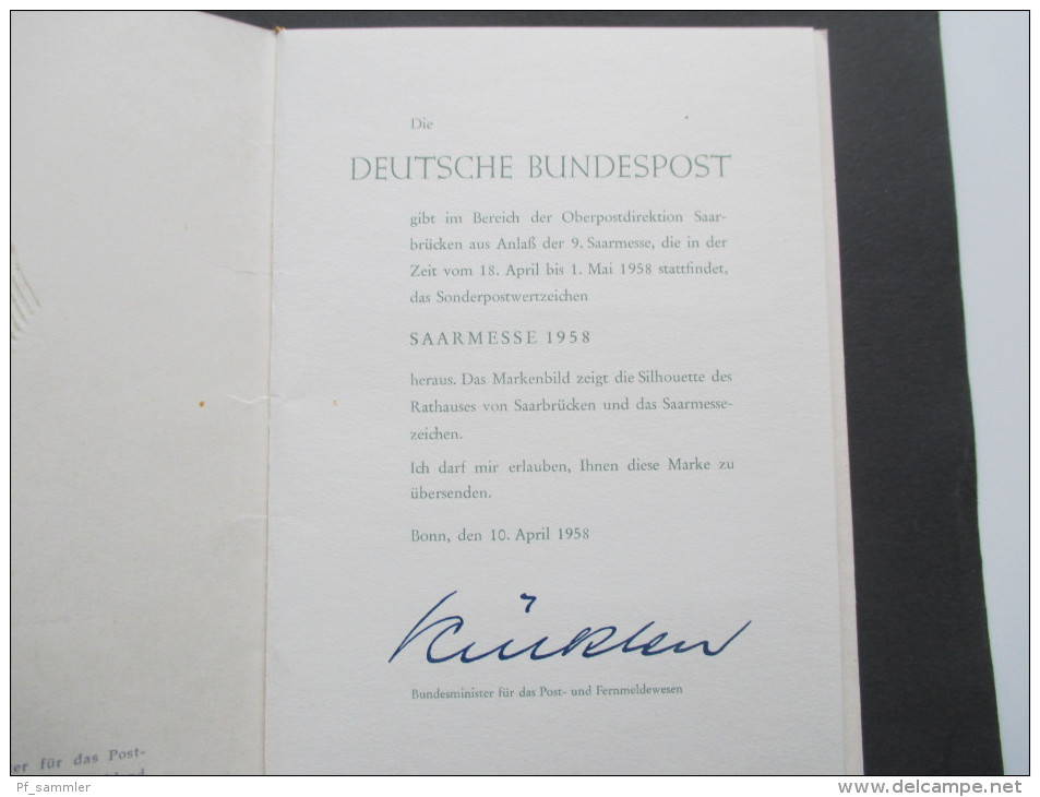 Saarland 1958 Ministerbuch Nr. 435. Prägedruck. Sondermappe! RAR!! Selten!! Sehr Guter Zustand! - Storia Postale